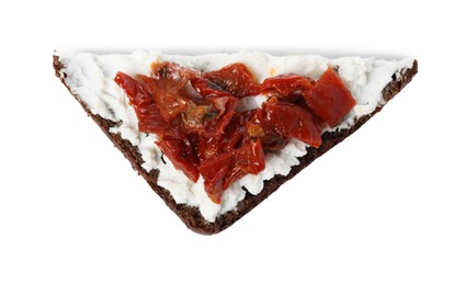 Photo of Delicious bruschetta with fresh ricotta (cream cheese) and sun-dried tomatoes isolated on white, top view