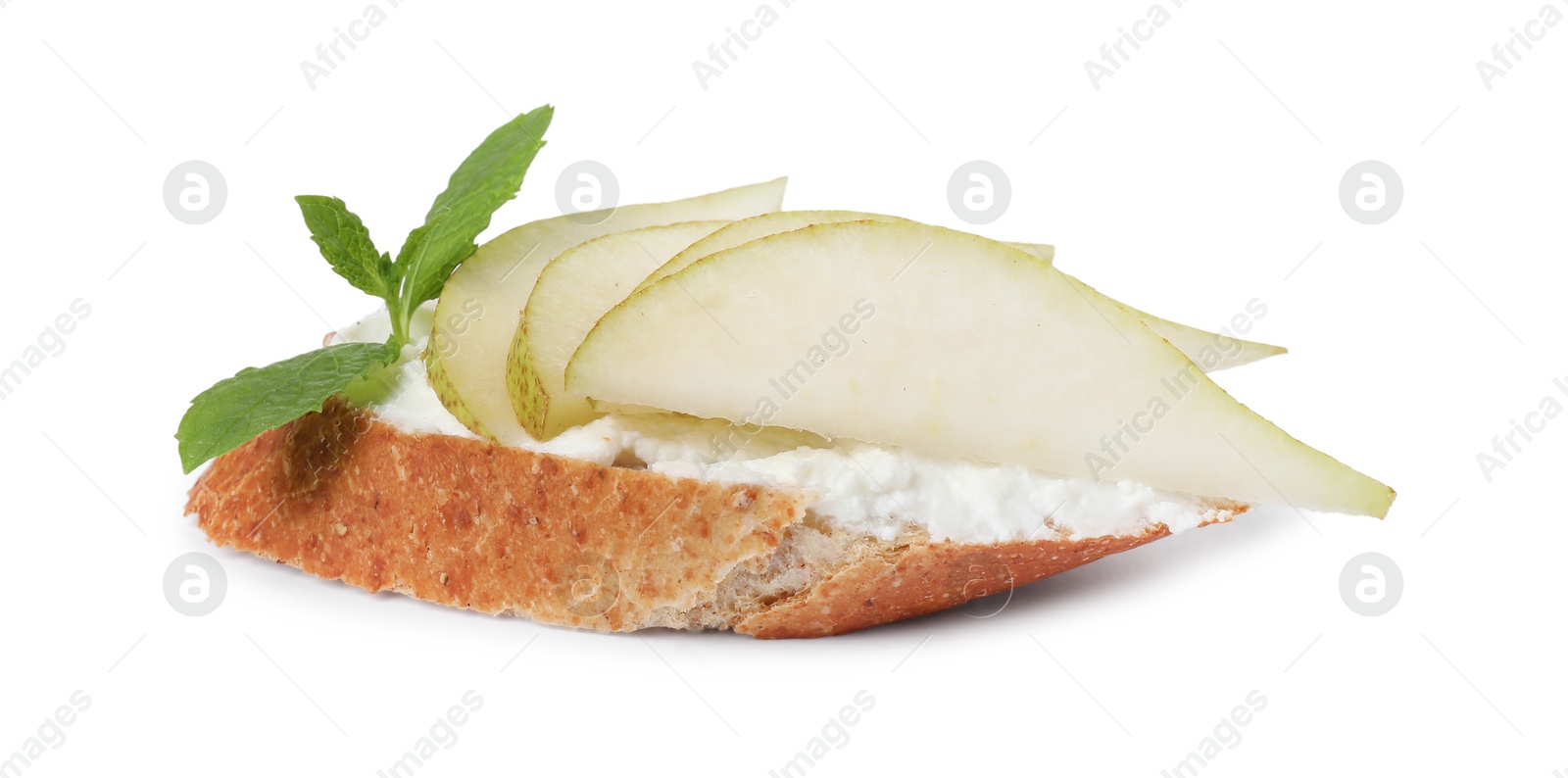 Photo of Delicious bruschetta with fresh ricotta (cream cheese), mint and pear isolated on white