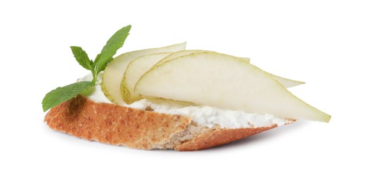Photo of Delicious bruschetta with fresh ricotta (cream cheese), mint and pear isolated on white