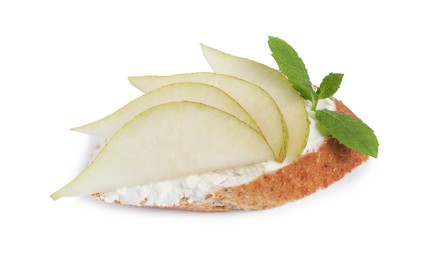 Photo of Delicious bruschetta with fresh ricotta (cream cheese), mint and pear isolated on white