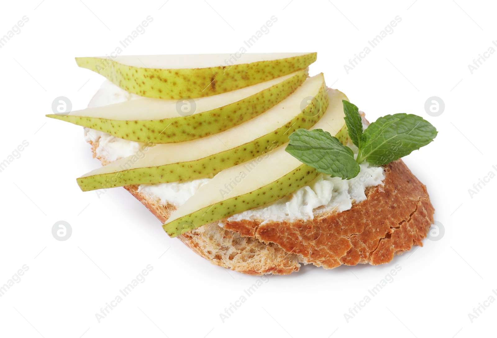 Photo of Delicious bruschetta with fresh ricotta (cream cheese), mint and pear isolated on white