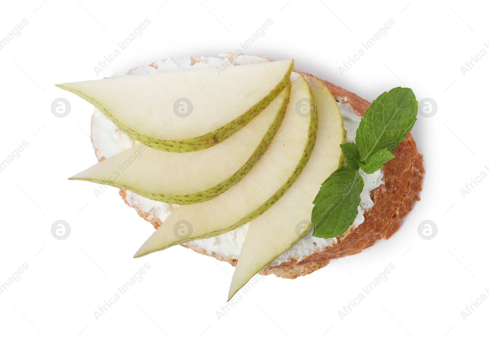 Photo of Delicious bruschetta with fresh ricotta (cream cheese), mint and pear isolated on white, top view