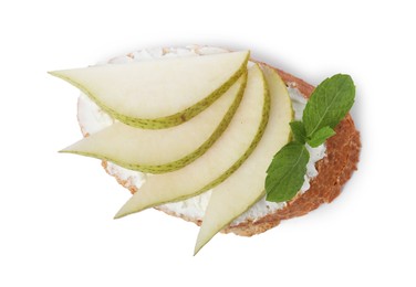 Photo of Delicious bruschetta with fresh ricotta (cream cheese), mint and pear isolated on white, top view
