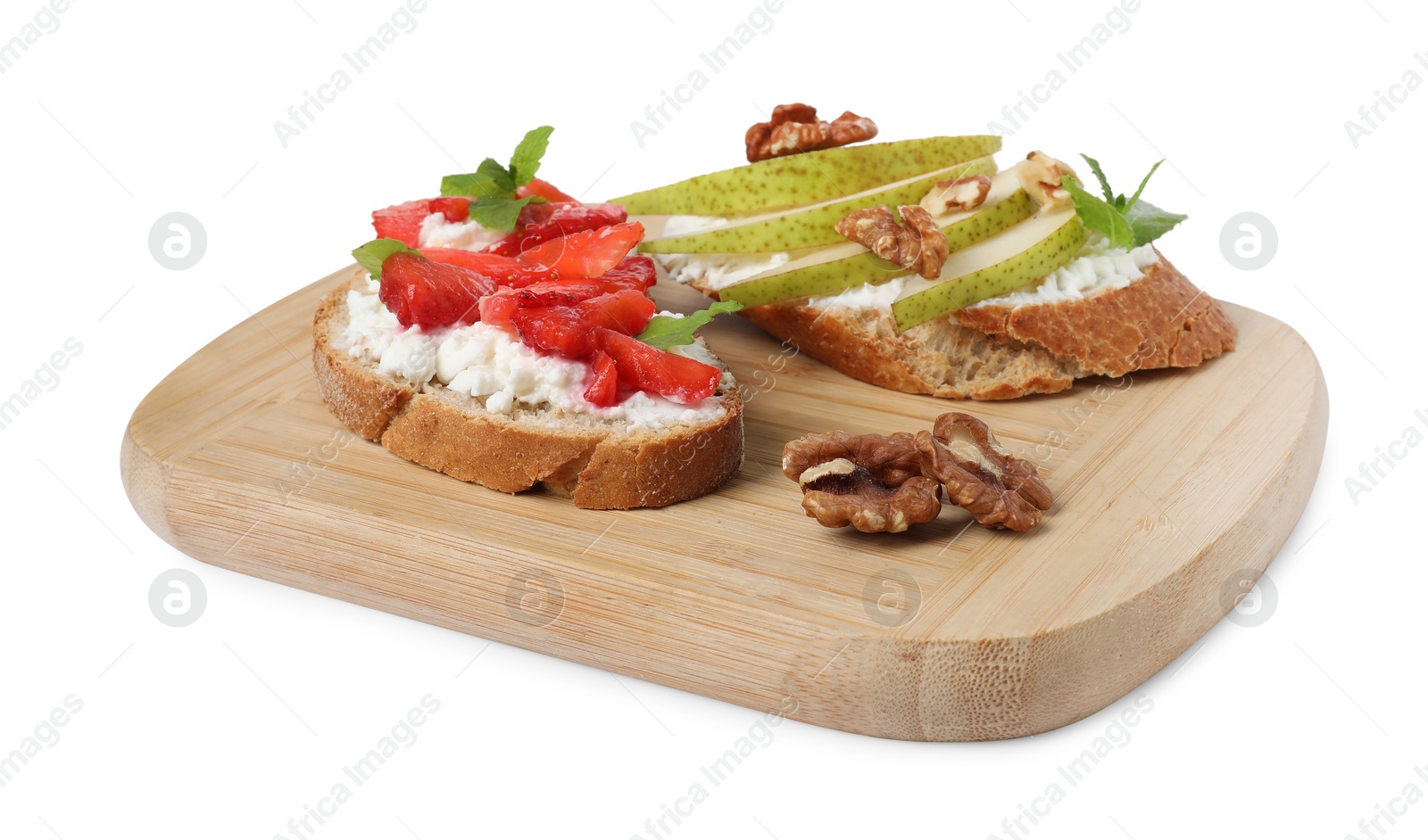 Photo of Delicious bruschettas with fresh ricotta (cream cheese), strawberry, mint and pear isolated on white