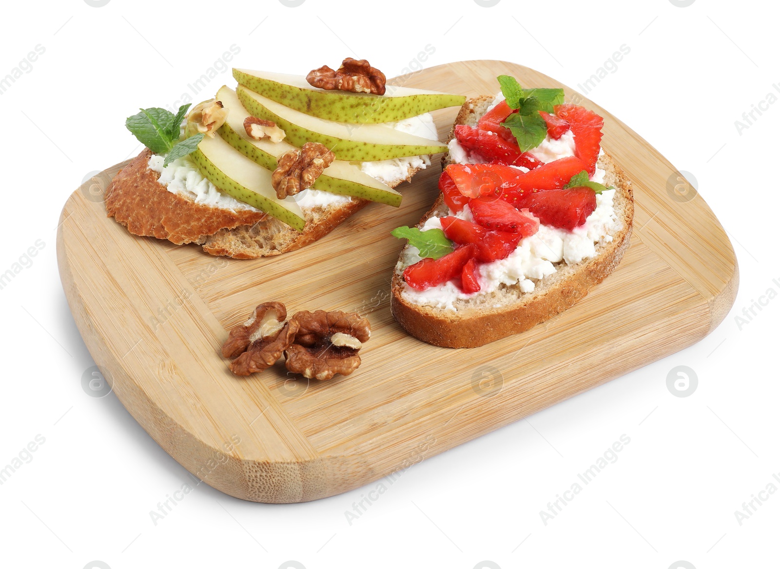 Photo of Delicious bruschettas with fresh ricotta (cream cheese), strawberry, mint and pear isolated on white