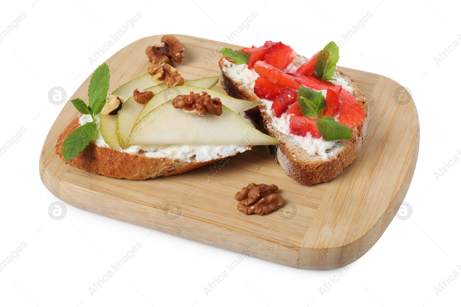 Photo of Delicious bruschettas with fresh ricotta (cream cheese), strawberry, mint and pear isolated on white