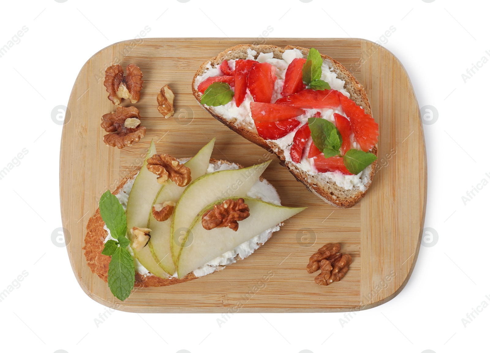 Photo of Delicious bruschettas with fresh ricotta (cream cheese), strawberry, mint and pear isolated on white, top view