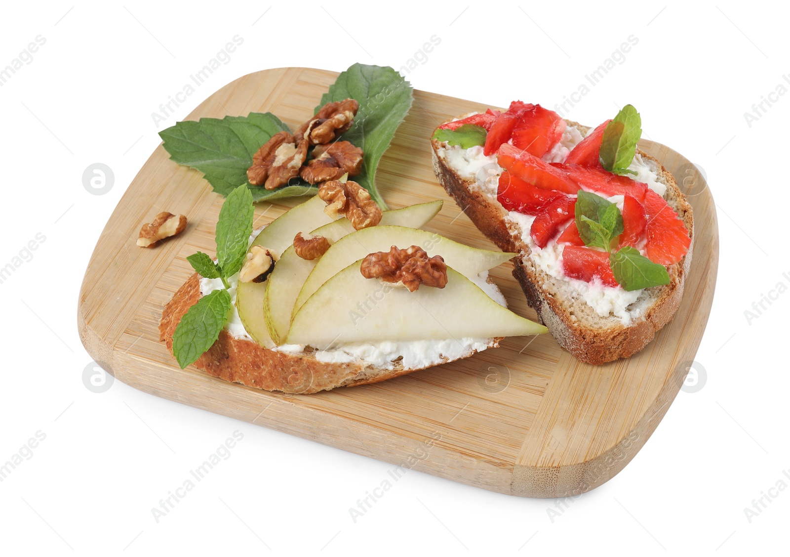 Photo of Delicious bruschettas with fresh ricotta (cream cheese), strawberry, mint and pear isolated on white