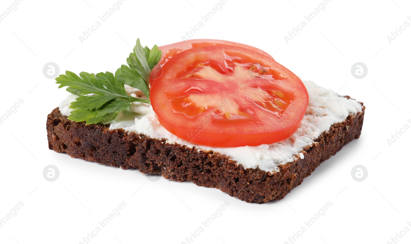 Photo of Delicious bruschetta with fresh ricotta (cream cheese), tomato and parsley isolated on white