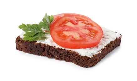 Photo of Delicious bruschetta with fresh ricotta (cream cheese), tomato and parsley isolated on white