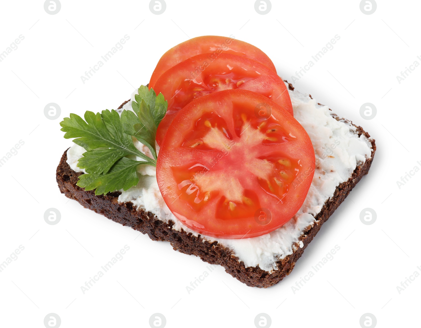 Photo of Delicious bruschetta with fresh ricotta (cream cheese), tomato and parsley isolated on white