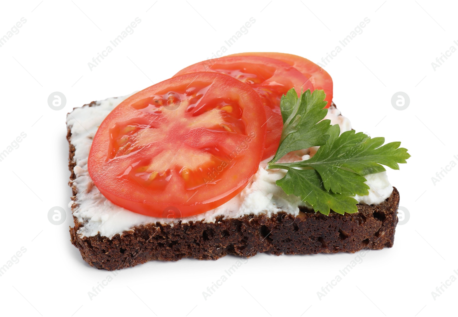 Photo of Delicious bruschetta with fresh ricotta (cream cheese), tomato and parsley isolated on white