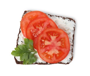 Photo of Delicious bruschetta with fresh ricotta (cream cheese), tomato and parsley isolated on white, top view