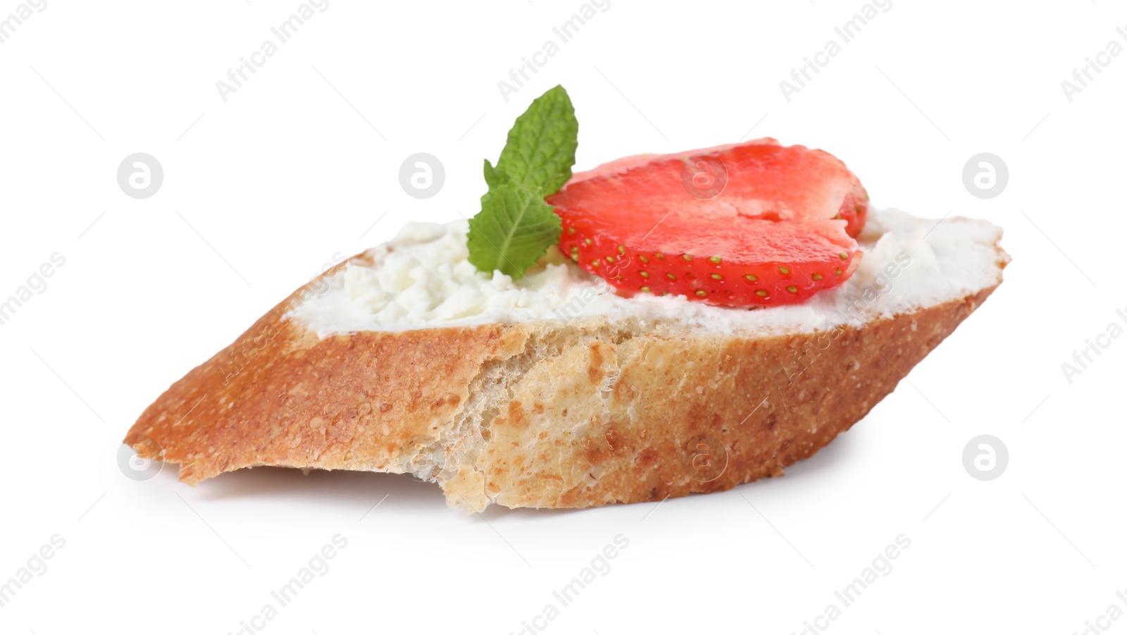 Photo of Delicious bruschetta with fresh ricotta (cream cheese), strawberry and mint isolated on white