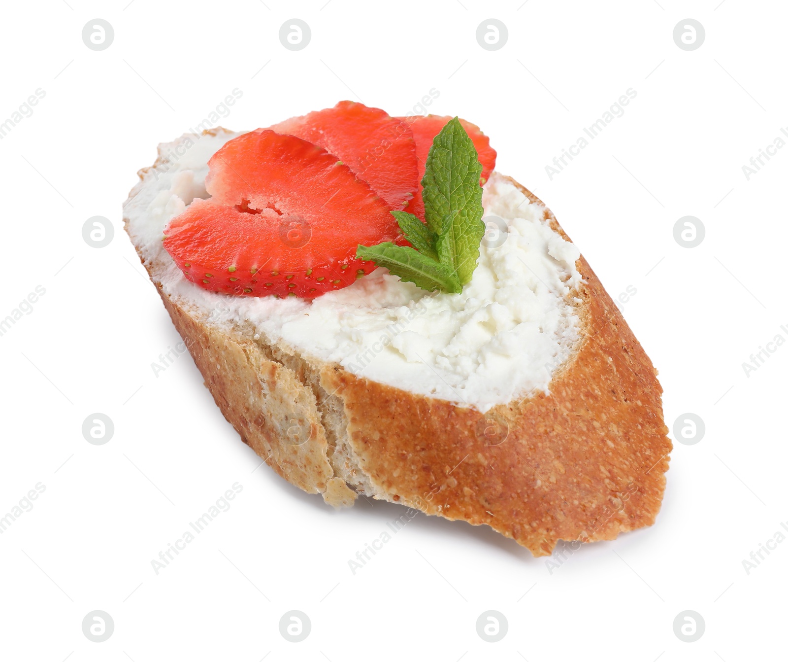 Photo of Delicious bruschetta with fresh ricotta (cream cheese), strawberry and mint isolated on white