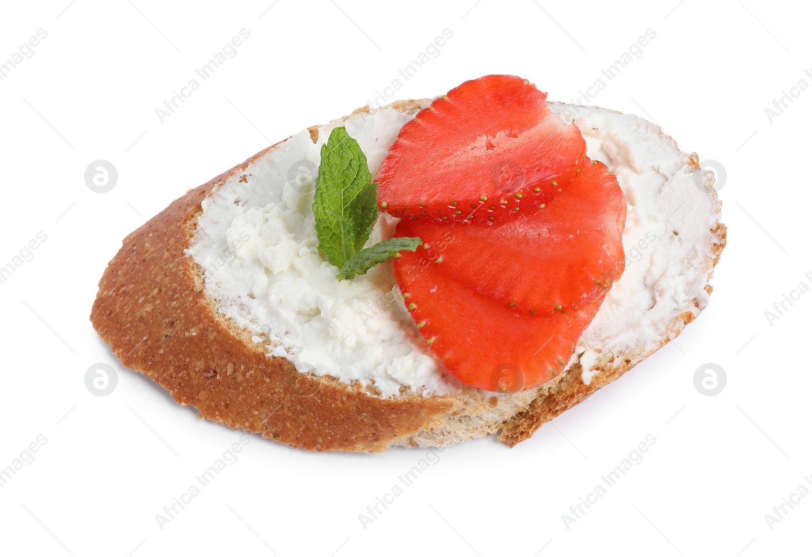 Photo of Delicious bruschetta with fresh ricotta (cream cheese), strawberry and mint isolated on white, top view