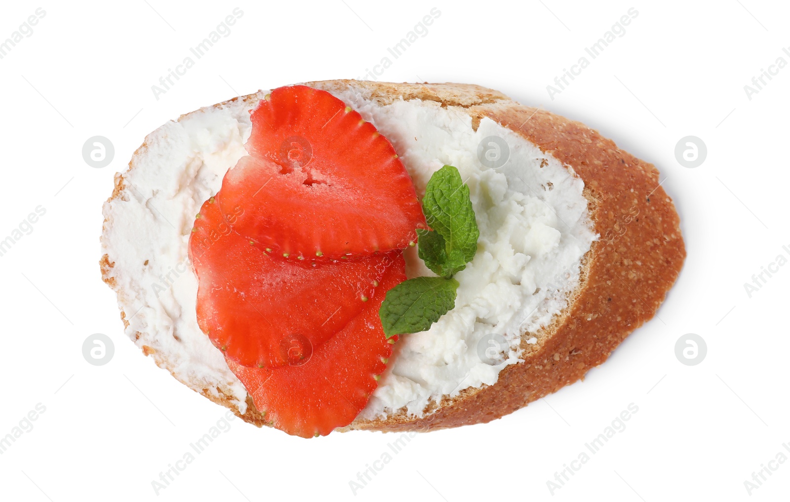 Photo of Delicious bruschetta with fresh ricotta (cream cheese), strawberry and mint isolated on white, top view