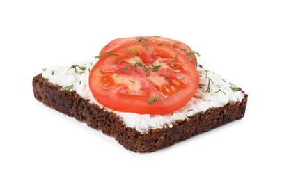 Photo of Delicious bruschetta with fresh ricotta (cream cheese), tomato and dill isolated on white