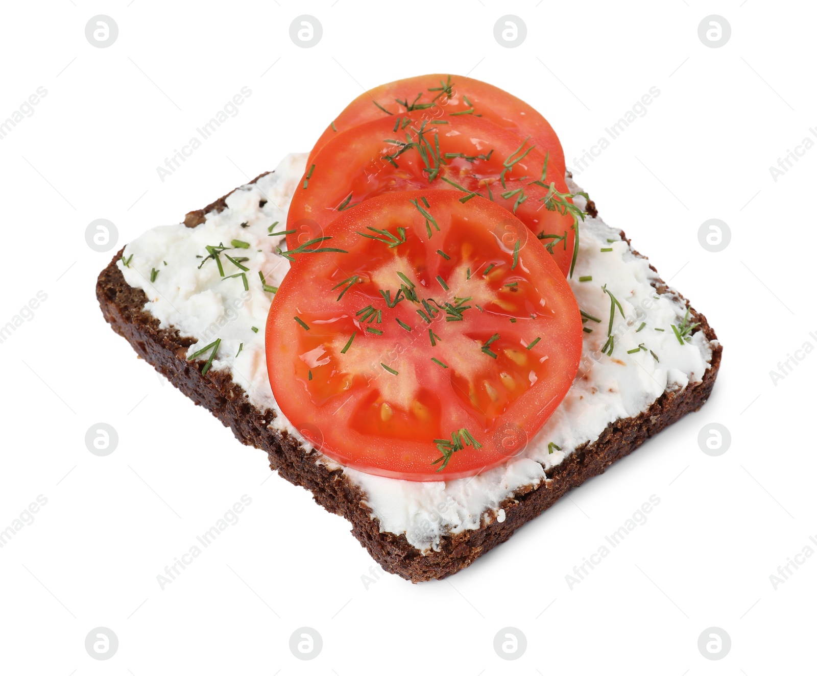 Photo of Delicious bruschetta with fresh ricotta (cream cheese), tomato and dill isolated on white