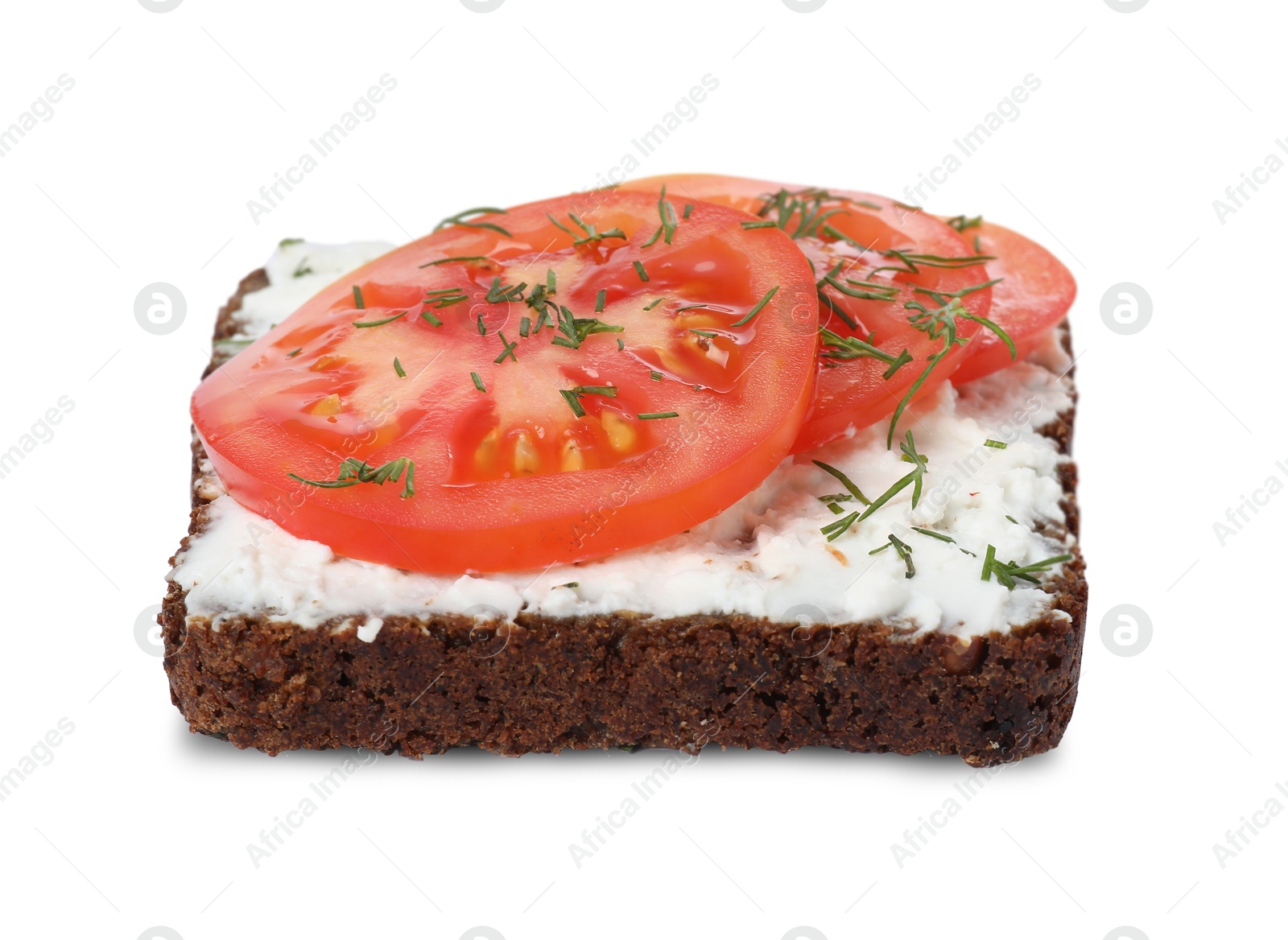 Photo of Delicious bruschetta with fresh ricotta (cream cheese), tomato and dill isolated on white