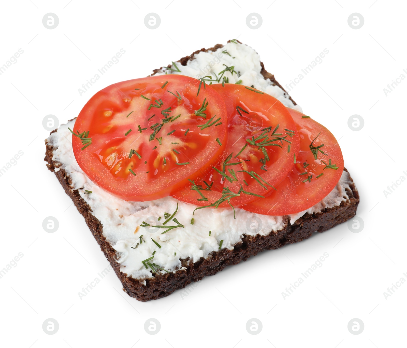 Photo of Delicious bruschetta with fresh ricotta (cream cheese), tomato and dill isolated on white