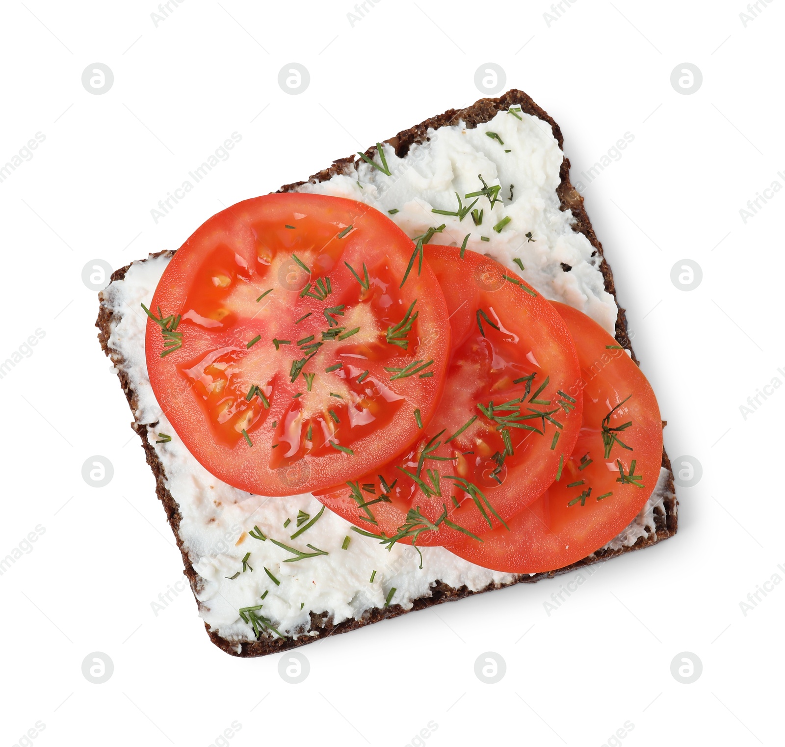 Photo of Delicious bruschetta with fresh ricotta (cream cheese), tomato and dill isolated on white, top view