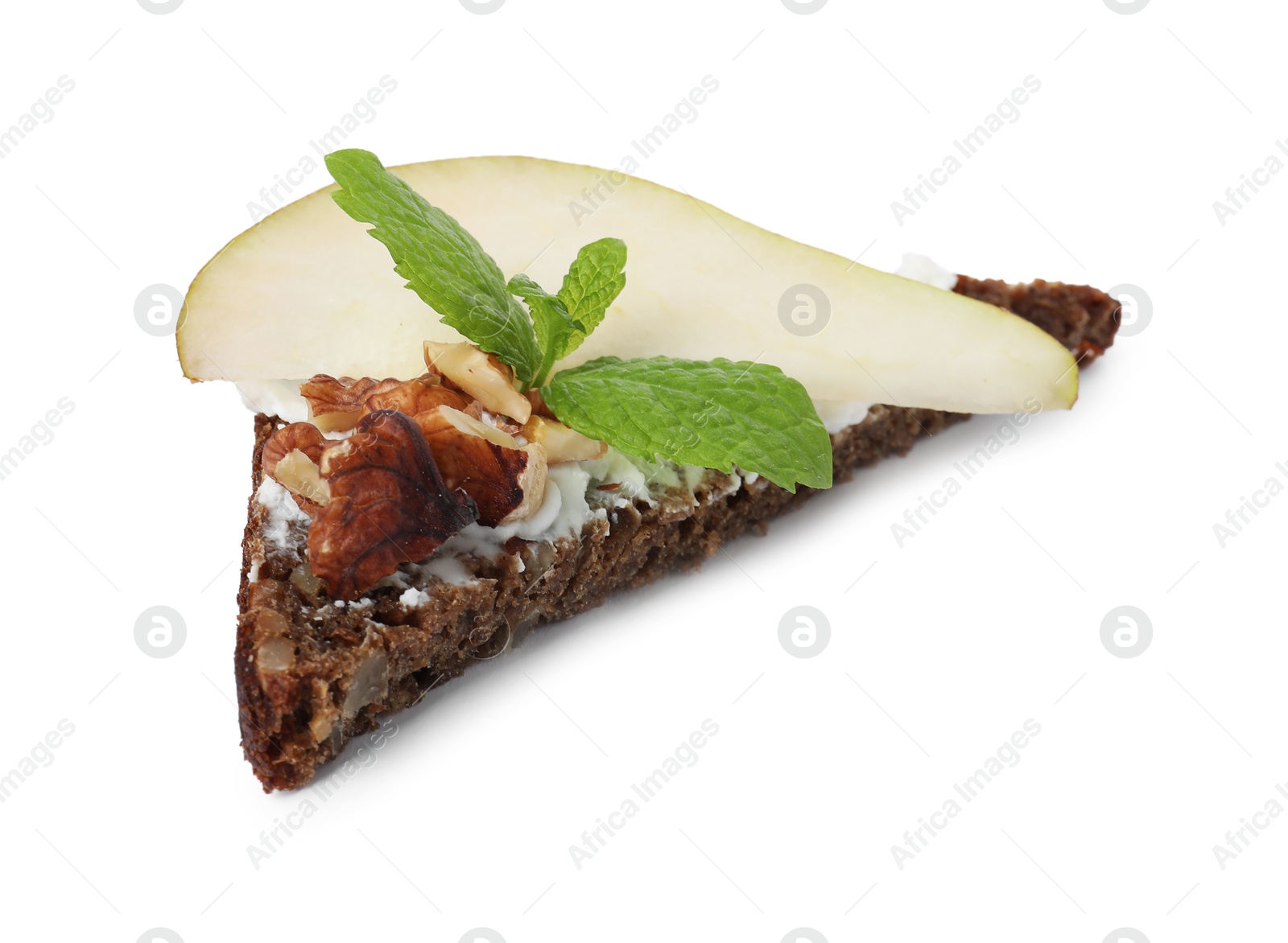 Photo of Delicious bruschetta with fresh ricotta (cream cheese), walnuts, mint and pear isolated on white