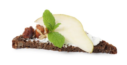Photo of Delicious bruschetta with fresh ricotta (cream cheese), walnuts, mint and pear isolated on white