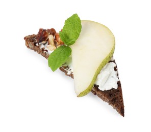 Photo of Delicious bruschetta with fresh ricotta (cream cheese), walnuts, mint and pear isolated on white