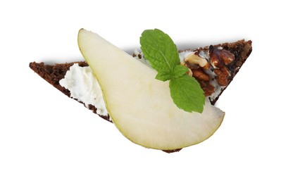 Photo of Delicious bruschetta with fresh ricotta (cream cheese), walnuts, mint and pear isolated on white, top view