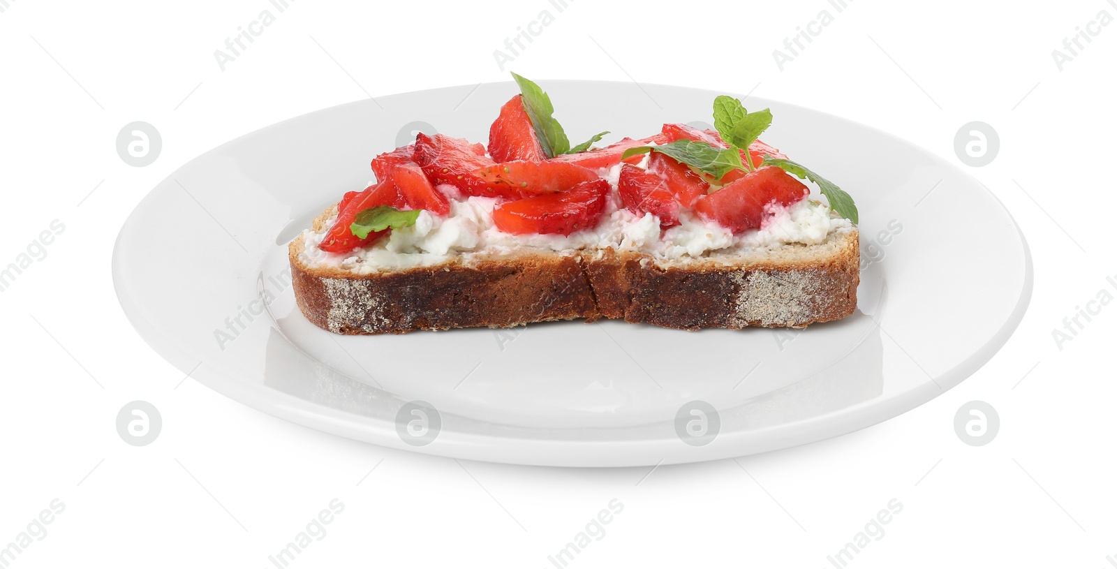 Photo of Delicious bruschetta with fresh ricotta (cream cheese), strawberry and mint isolated on white