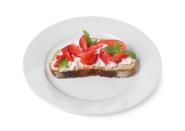 Photo of Delicious bruschetta with fresh ricotta (cream cheese), strawberry and mint isolated on white