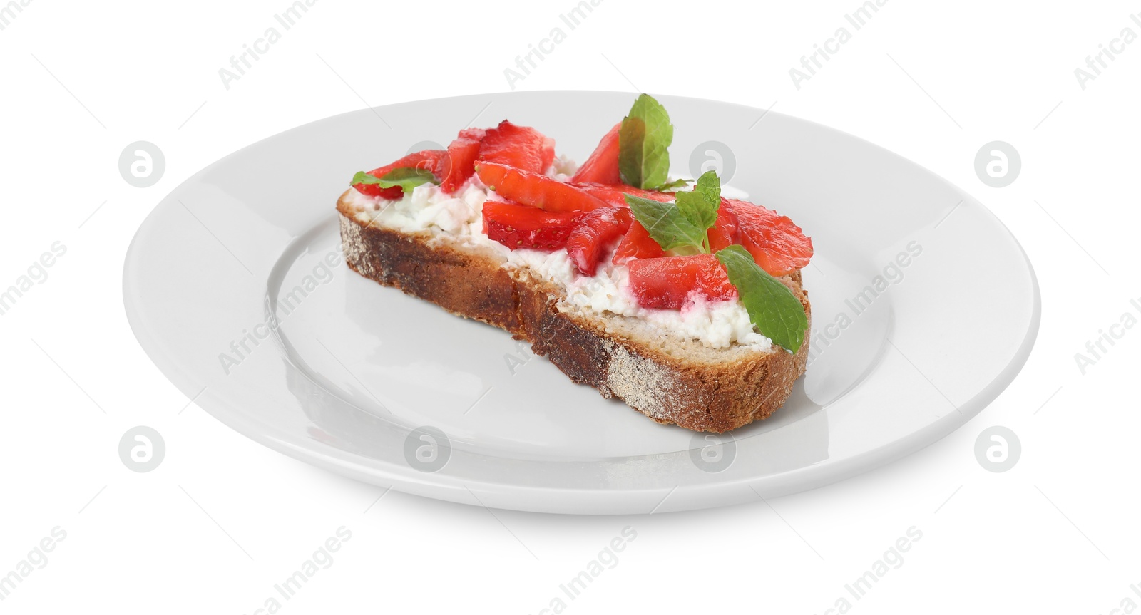 Photo of Delicious bruschetta with fresh ricotta (cream cheese), strawberry and mint isolated on white