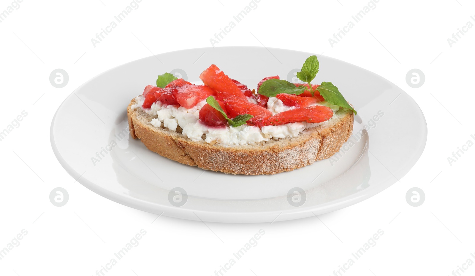 Photo of Delicious bruschetta with fresh ricotta (cream cheese), strawberry and mint isolated on white