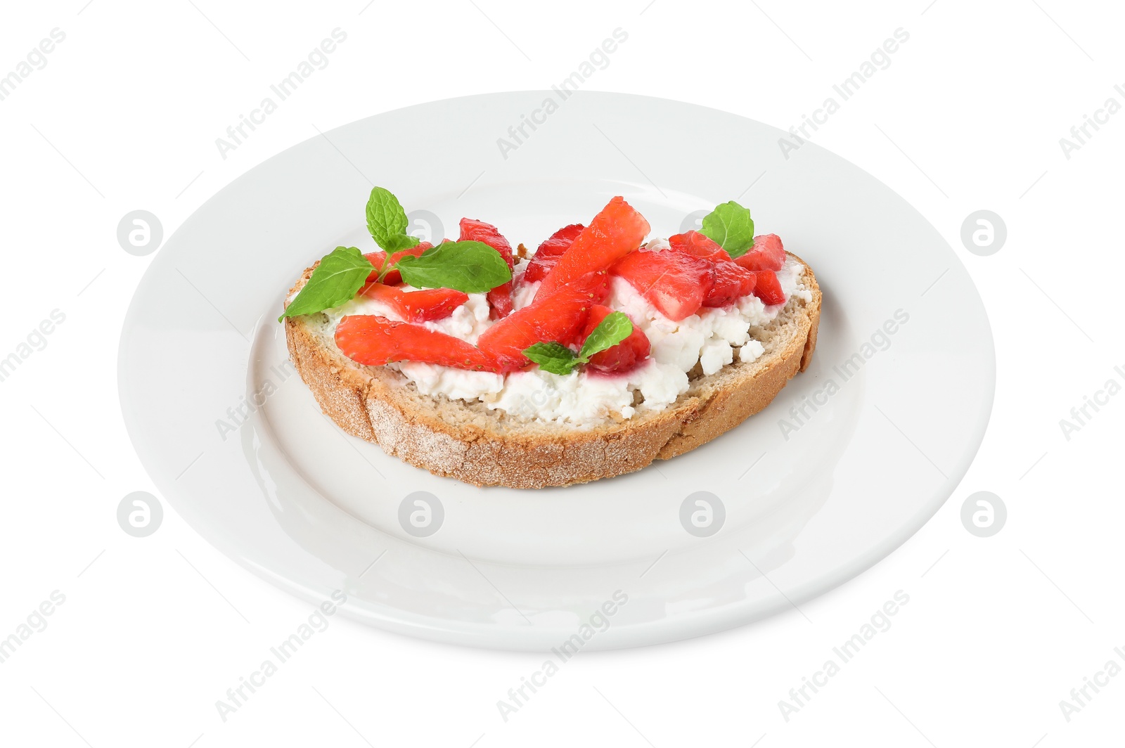 Photo of Delicious bruschetta with fresh ricotta (cream cheese), strawberry and mint isolated on white