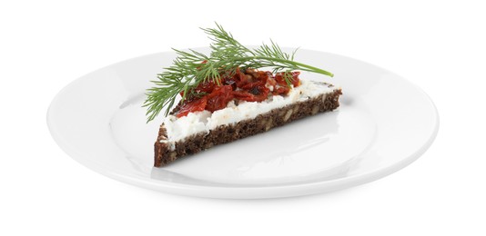 Photo of Delicious bruschetta with fresh ricotta (cream cheese), dill and sun-dried tomatoes isolated on white