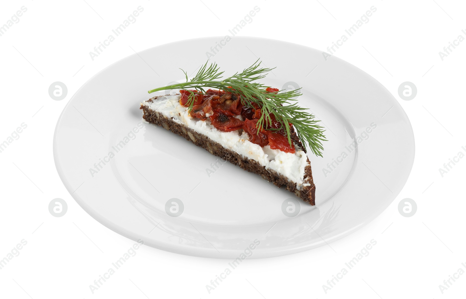 Photo of Delicious bruschetta with fresh ricotta (cream cheese), dill and sun-dried tomatoes isolated on white