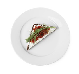Photo of Delicious bruschetta with fresh ricotta (cream cheese), dill and sun-dried tomatoes isolated on white, top view