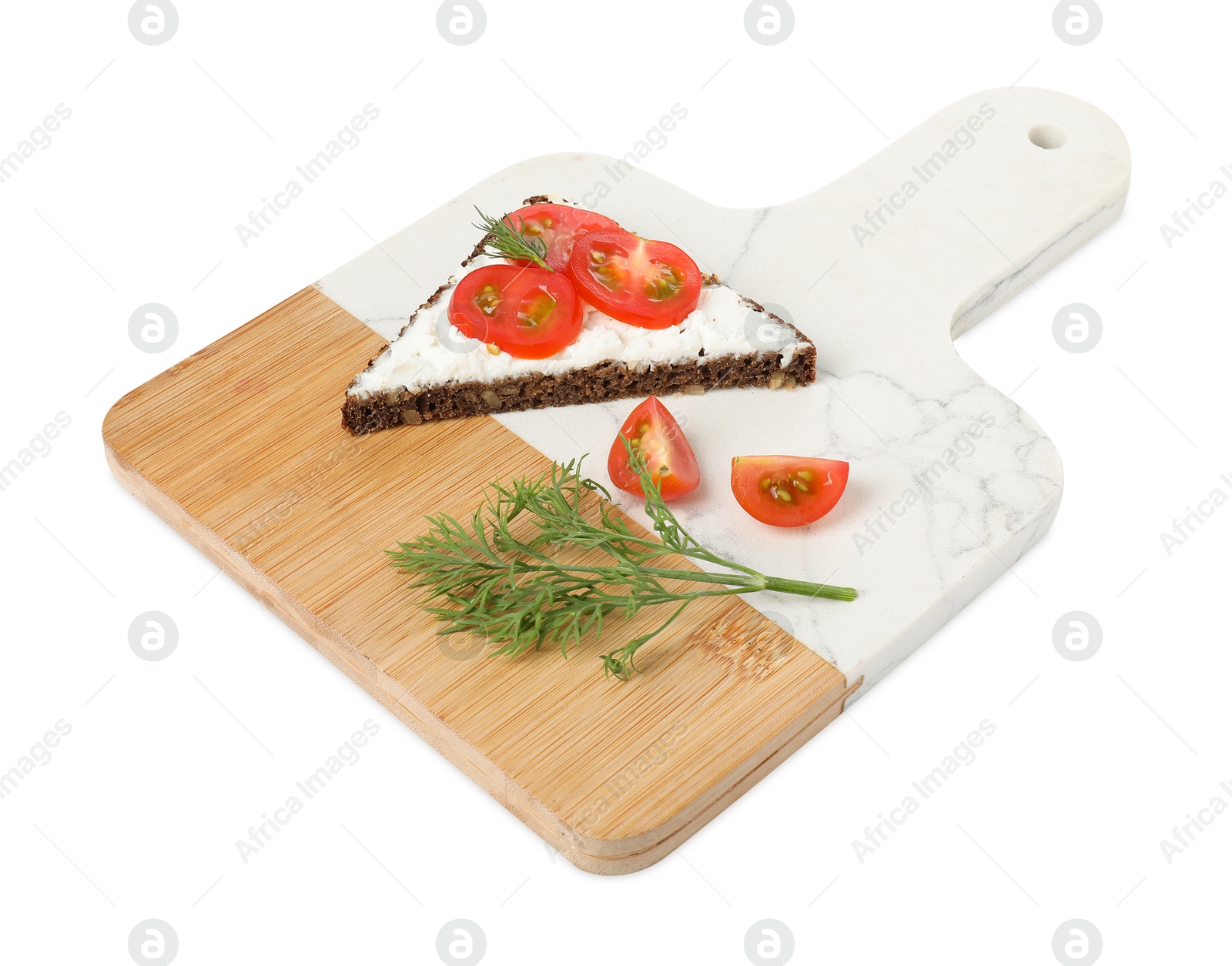 Photo of Delicious bruschetta with fresh ricotta (cream cheese), tomato and dill isolated on white