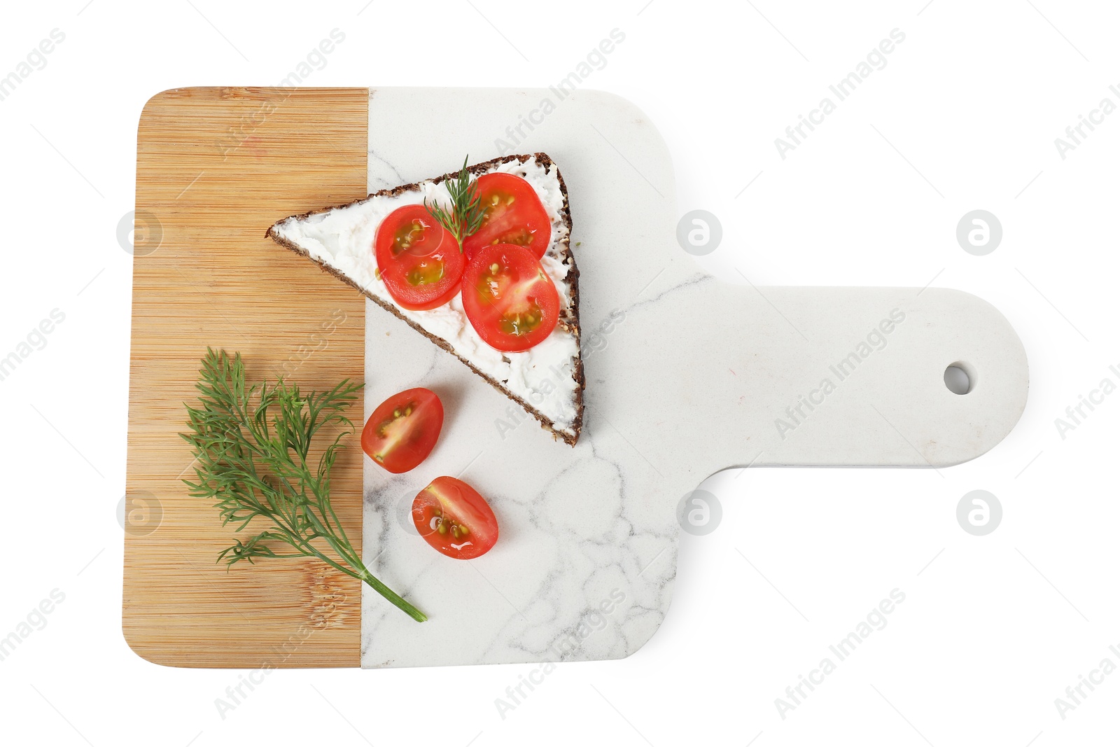 Photo of Delicious bruschetta with fresh ricotta (cream cheese), tomato and dill isolated on white, top view