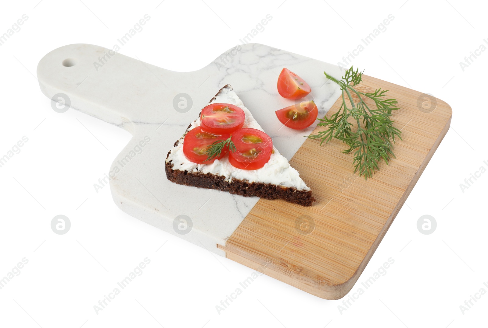 Photo of Delicious bruschetta with fresh ricotta (cream cheese), tomato and dill isolated on white