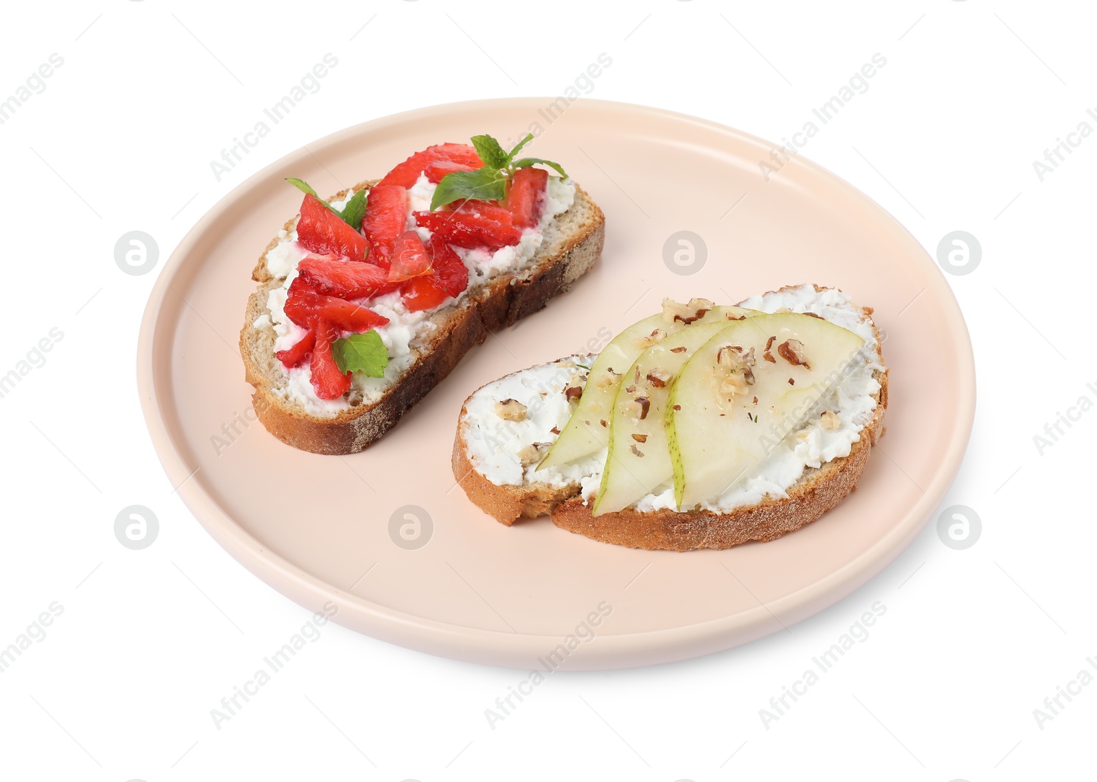 Photo of Delicious bruschettas with fresh ricotta (cream cheese), strawberry, mint and pear isolated on white