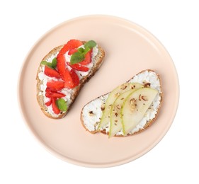 Photo of Delicious bruschettas with fresh ricotta (cream cheese), strawberry, mint and pear isolated on white, top view