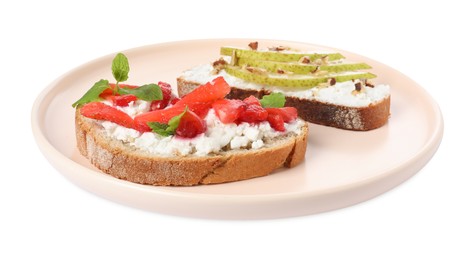 Photo of Delicious bruschettas with fresh ricotta (cream cheese), strawberry, mint and pear isolated on white