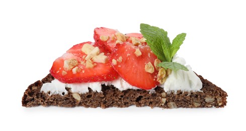 Photo of Delicious bruschetta with fresh ricotta (cream cheese), strawberry and mint isolated on white