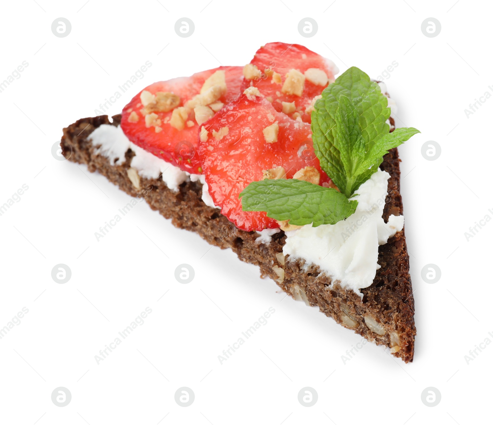 Photo of Delicious bruschetta with fresh ricotta (cream cheese), strawberry and mint isolated on white