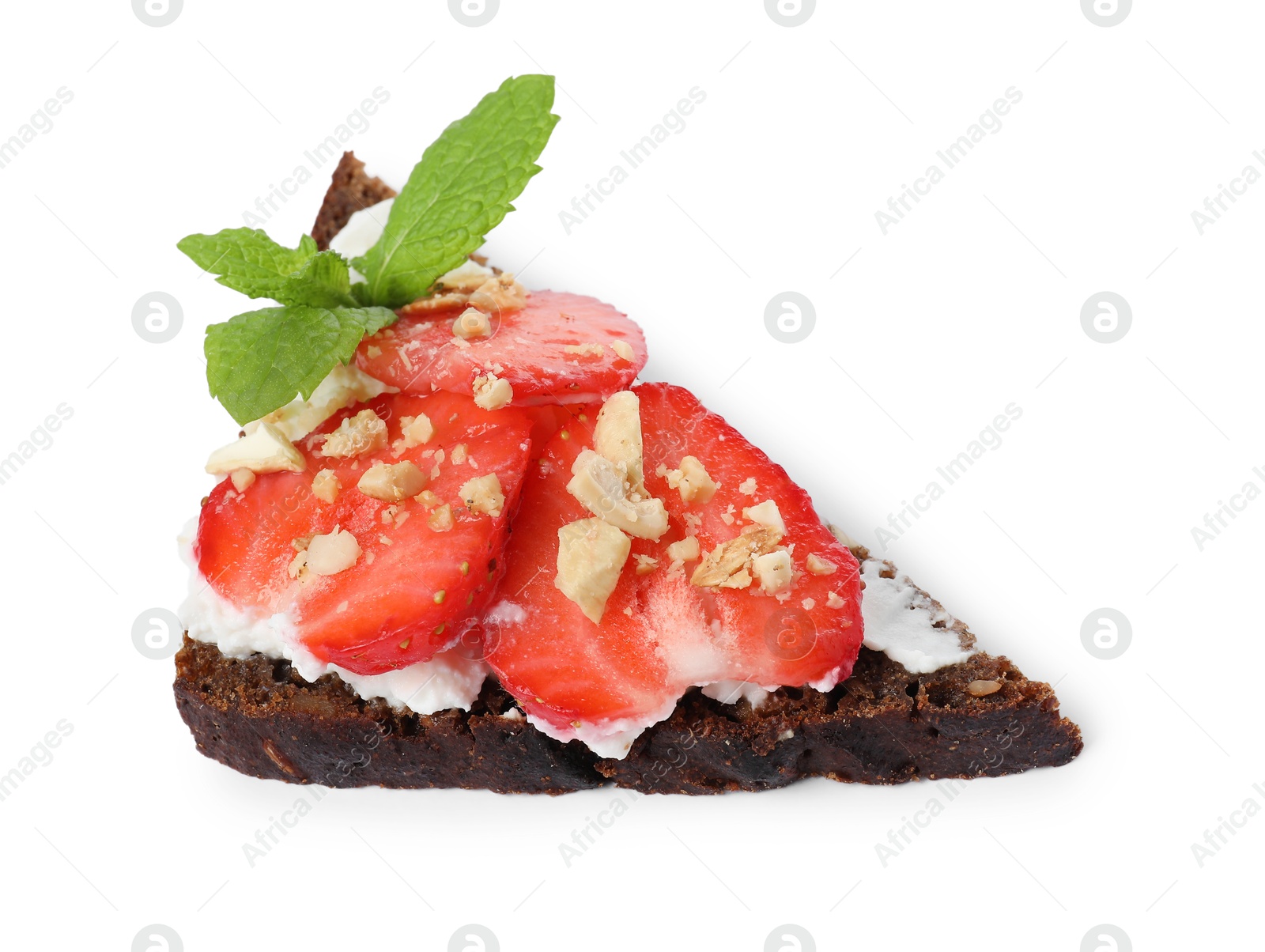 Photo of Delicious bruschetta with fresh ricotta (cream cheese), strawberry and mint isolated on white