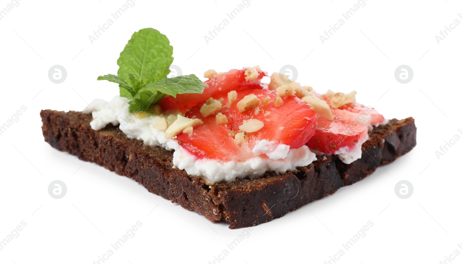 Photo of Delicious bruschetta with fresh ricotta (cream cheese), strawberry and mint isolated on white