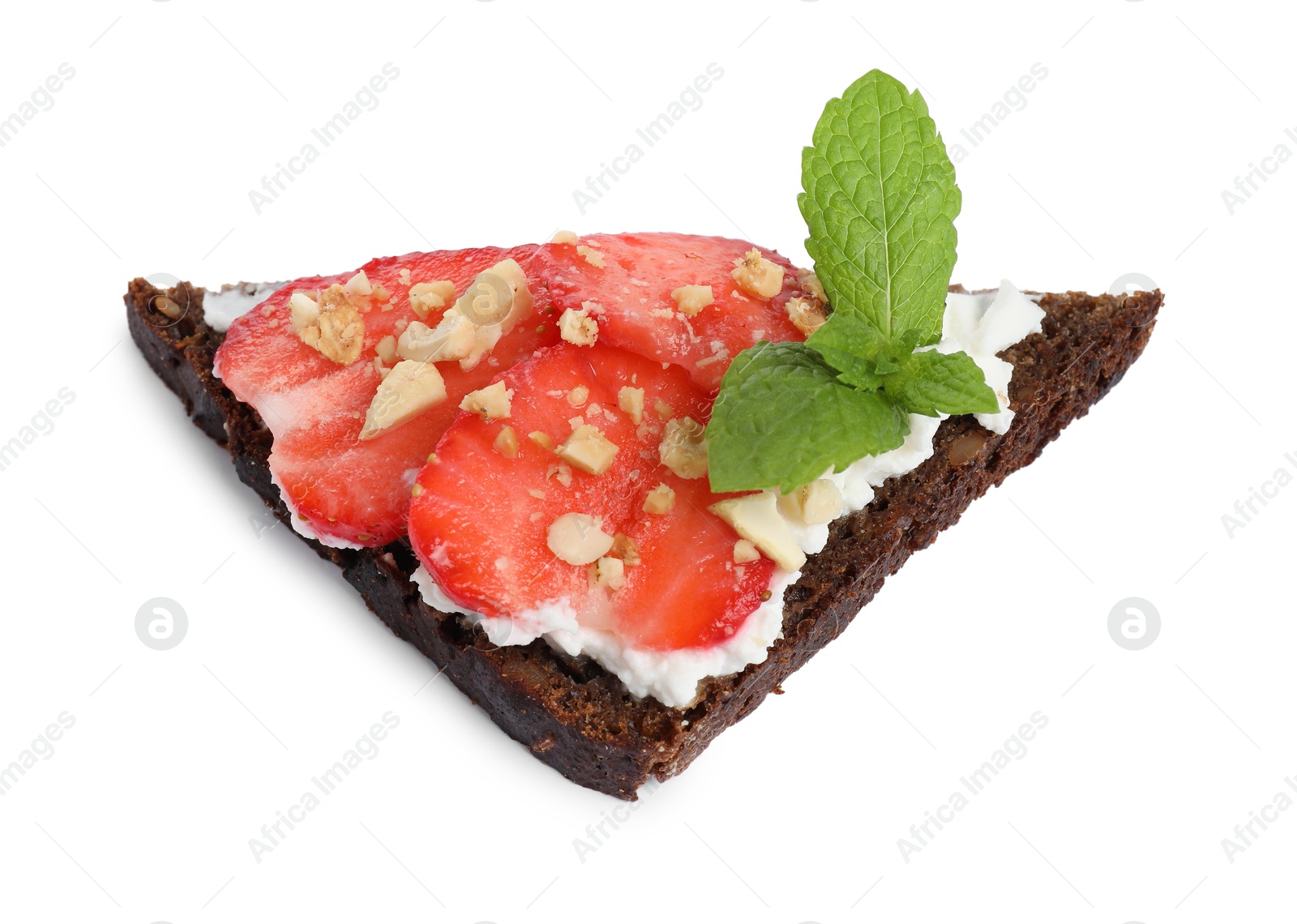 Photo of Delicious bruschetta with fresh ricotta (cream cheese), strawberry and mint isolated on white