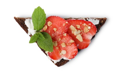 Photo of Delicious bruschetta with fresh ricotta (cream cheese), strawberry and mint isolated on white, top view